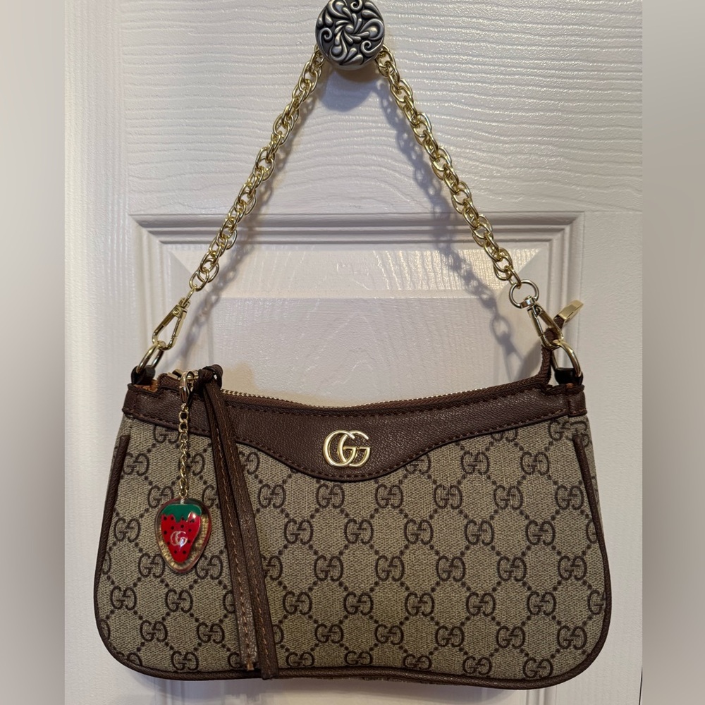 Gucci Beige and Brown Monogram Bag with Gold Chain